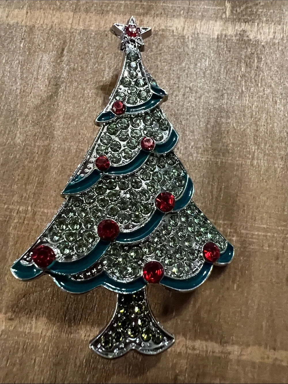 3/$18 Holiday Green Crystal Christmas Tree Brooch with Red Accents Lot 6057